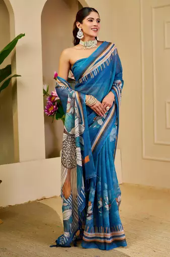 blue shimmer handloom cotton blend saree with floral border print