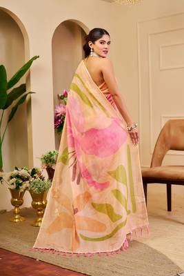 peach pink shimmer handloom cotton blend saree floral print (sfshmr31) 4