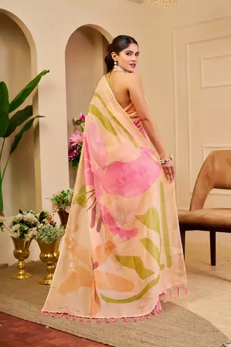 peach pink shimmer handloom cotton blend saree floral print