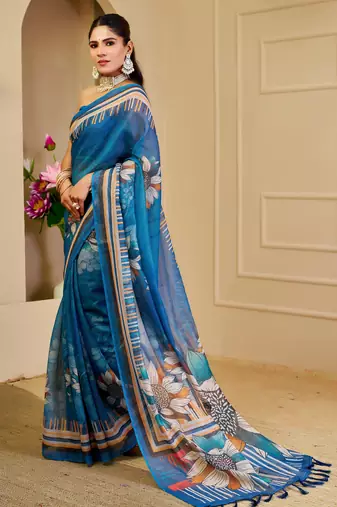 blue shimmer handloom cotton blend saree with floral border print