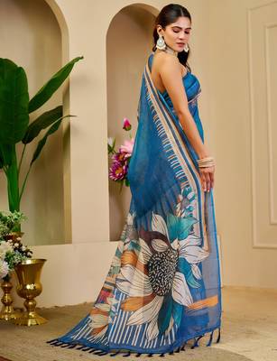 blue shimmer handloom cotton blend saree with floral border print (sfshmr30) 4