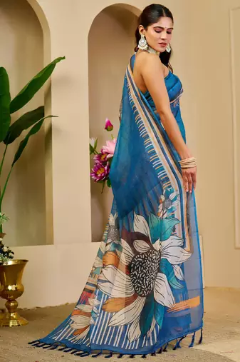 blue shimmer handloom cotton blend saree with floral border print