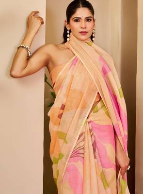 peach pink shimmer handloom cotton blend saree floral print (sfshmr31) 5