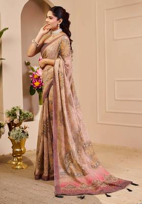 beige pink shimmer handloom cotton blend saree with floral print (sfshmr29) 3