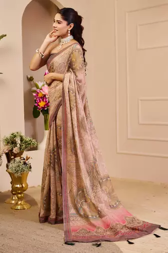 beige pink shimmer handloom cotton blend saree with floral print