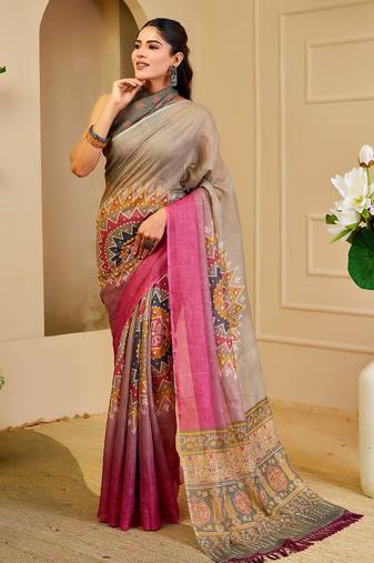 grey pink shimmer handloom cotton blend digital print saree