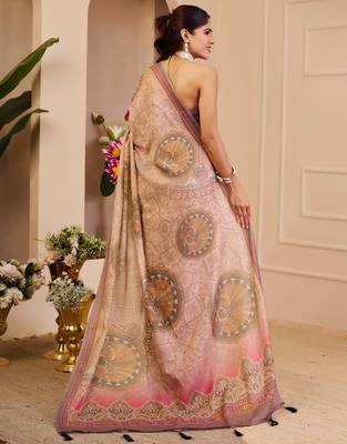 beige pink shimmer handloom cotton blend saree with floral print (sfshmr29) 4