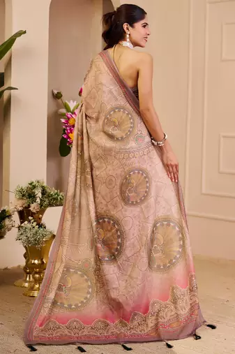 beige pink shimmer handloom cotton blend saree with floral print