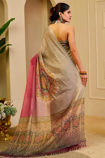 grey pink shimmer handloom cotton blend digital print saree