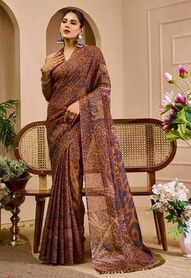 brown shimmer handloom cotton blend saree with floral print (sfshmr27) 1
