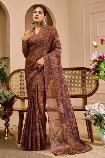 brown shimmer handloom cotton blend saree with floral print
