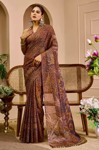 brown shimmer handloom cotton blend saree with floral print