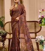 brown shimmer handloom cotton blend saree with floral print (sfshmr27)