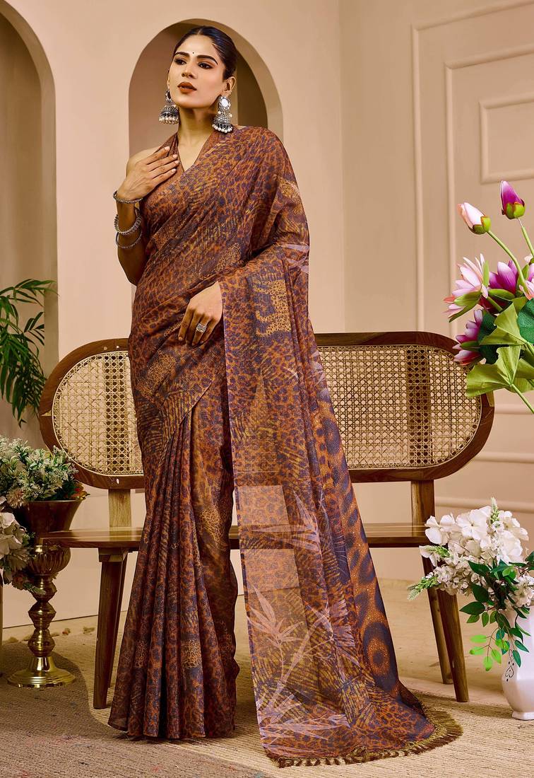 brown shimmer handloom cotton blend saree with floral print (sfshmr27)