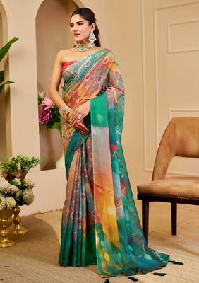 teal shimmer handloom cotton blend saree floral print (sfshmr24) 1