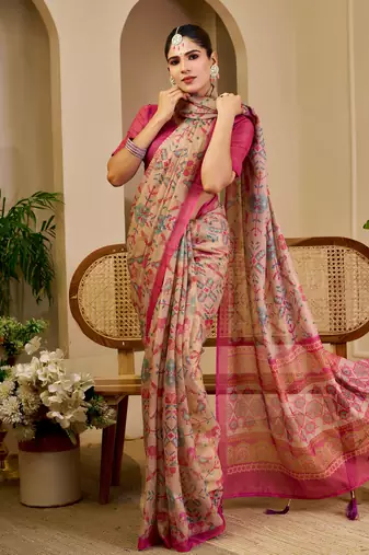 pink shimmer handloom cotton blend saree with floral print