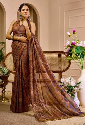 brown shimmer handloom cotton blend saree with floral print (sfshmr27) 2