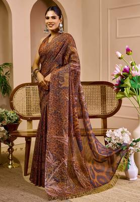 brown shimmer handloom cotton blend saree with floral print (sfshmr27) 3