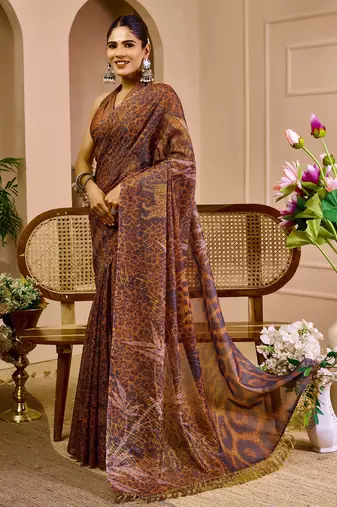 brown shimmer handloom cotton blend saree with floral print