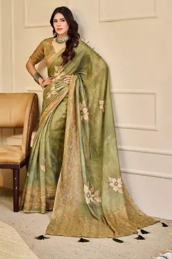 olive green shimmer handloom cotton blend saree floral print (sfshmr22)