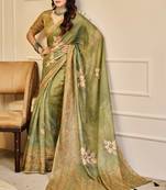 olive green shimmer handloom cotton blend saree floral print (sfshmr22)
