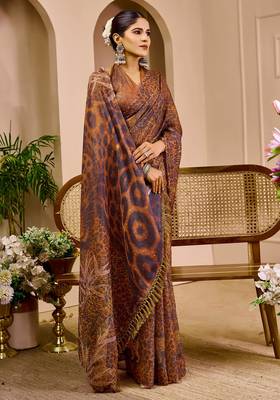 brown shimmer handloom cotton blend saree with floral print (sfshmr27) 4
