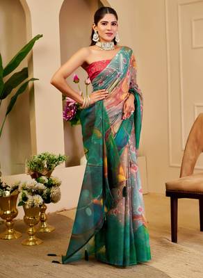 teal shimmer handloom cotton blend saree floral print (sfshmr24) 3