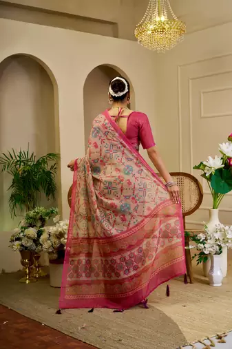 pink shimmer handloom cotton blend saree with floral print