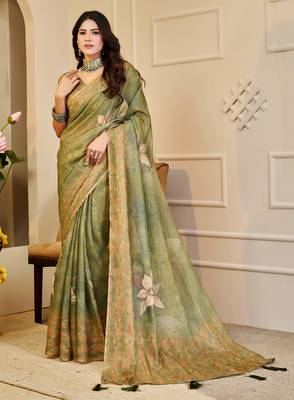 olive green shimmer handloom cotton blend saree floral print (sfshmr22) 3
