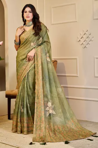 olive green shimmer handloom cotton blend saree floral print (sfshmr22)