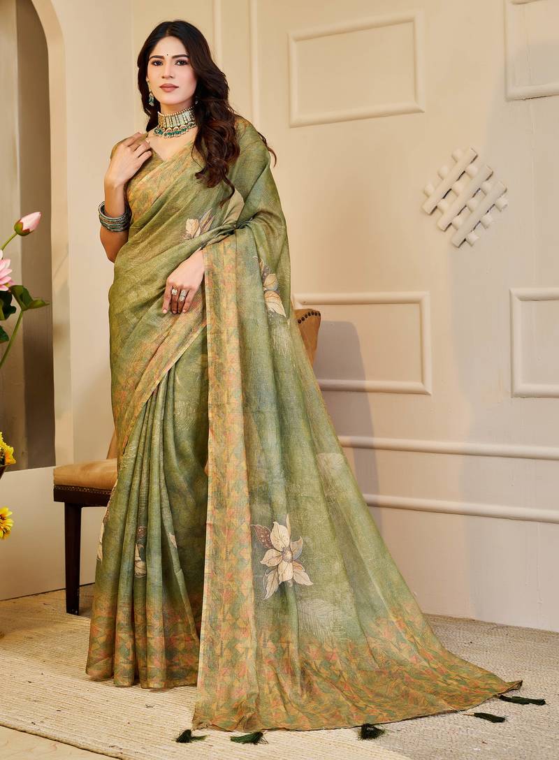 olive green shimmer handloom cotton blend saree floral print (sfshmr22)