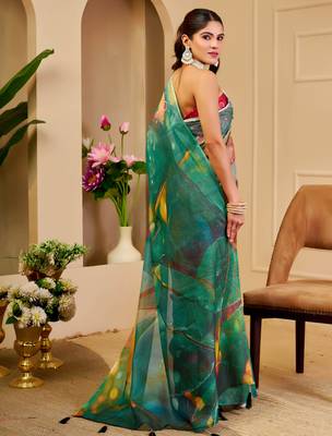 teal shimmer handloom cotton blend saree floral print (sfshmr24) 5