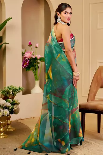teal shimmer handloom cotton blend saree floral print