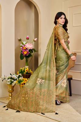 olive green shimmer handloom cotton blend saree floral print (sfshmr22) 4