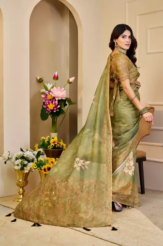 olive green shimmer handloom cotton blend saree floral print (sfshmr22)