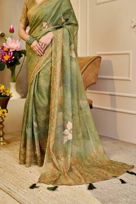 olive green shimmer handloom cotton blend saree floral print (sfshmr22) 5
