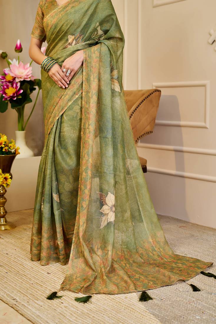 olive green shimmer handloom cotton blend saree floral print (sfshmr22)