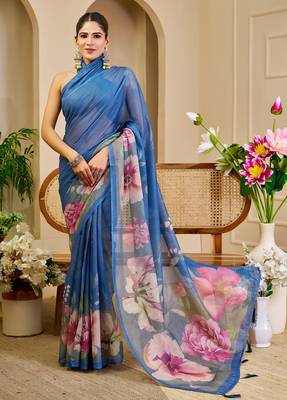 blue shimmer handloom cotton blend saree ombre floral print (sfshmr13) 1
