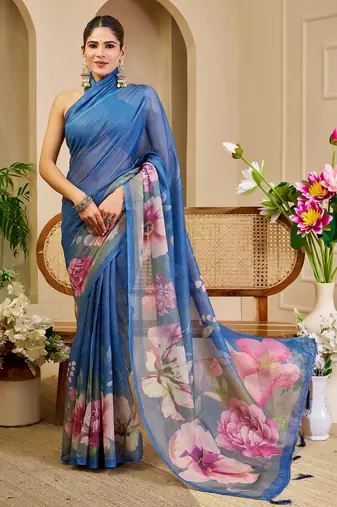 blue shimmer handloom cotton blend saree ombre floral print