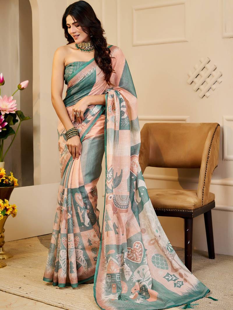 sea green peach shimmer handloom cotton blend digital print saree (sfshmr21)
