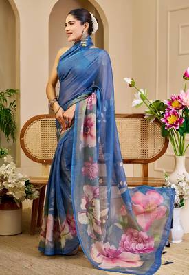 blue shimmer handloom cotton blend saree ombre floral print (sfshmr13) 2
