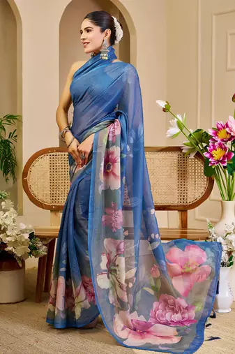 blue shimmer handloom cotton blend saree ombre floral print