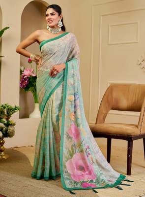 mint green shimmer handloom cotton blend saree floral border print (sfshmr10) 1