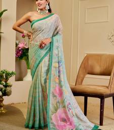 mint green shimmer handloom cotton blend saree floral border print (sfshmr10)