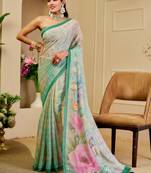 mint green shimmer handloom cotton blend saree floral border print (sfshmr10)