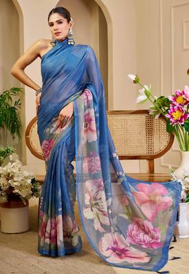 blue shimmer handloom cotton blend saree ombre floral print (sfshmr13) 3