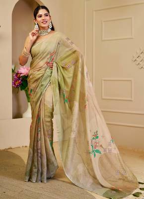 olive green shimmer handloom cotton blend digital print saree (sfshmr7) 1