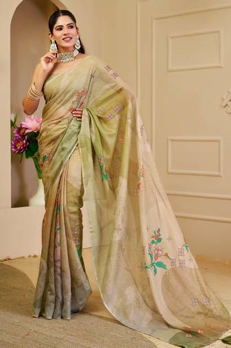 olive green shimmer handloom cotton blend digital print saree