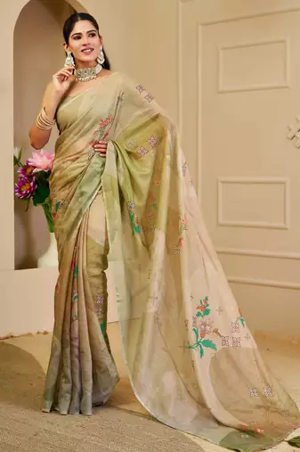 olive green shimmer handloom cotton blend digital print saree (sfshmr7)