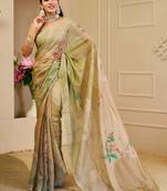 olive green shimmer handloom cotton blend digital print saree (sfshmr7)